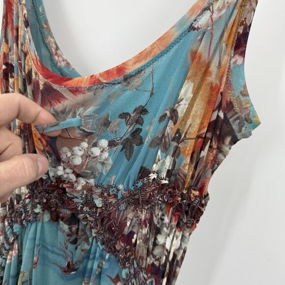 John Paul Gaultier Soleil Maxi Dress M Floral Birds Mesh Sleeveless Smocked Y2K - Picture 11 of 16
